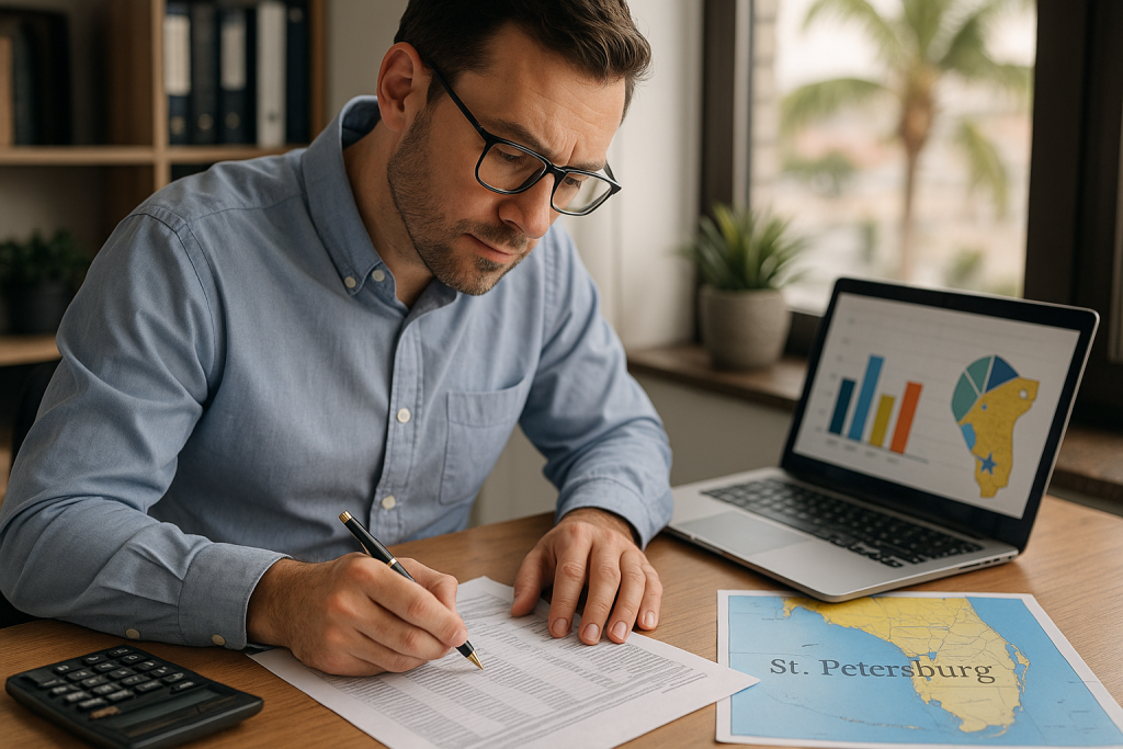A focused accountant reviewing financial documents at a desk with tax forms, spreadsheets, and a laptop—representing professional bookkeeping and tax compliance services in St. Petersburg, FL.