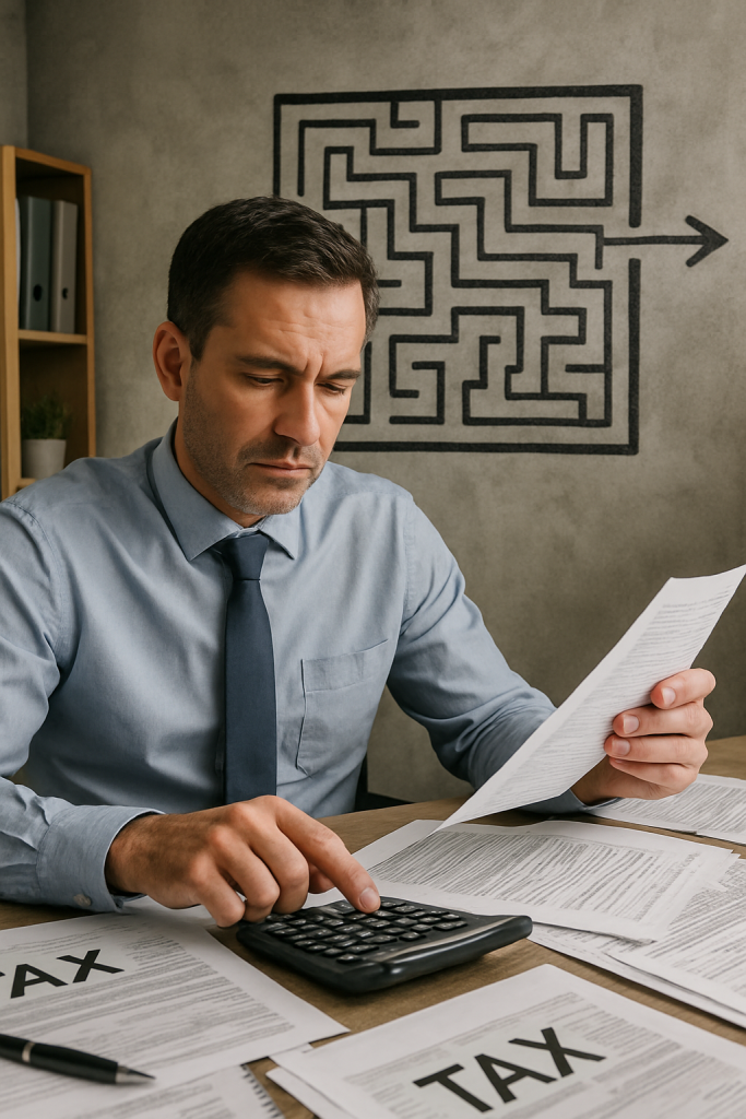 focused accountant reviewing tax documents at a desk, using a calculator and surrounded by bookkeeping papers while navigating complex tax forms.