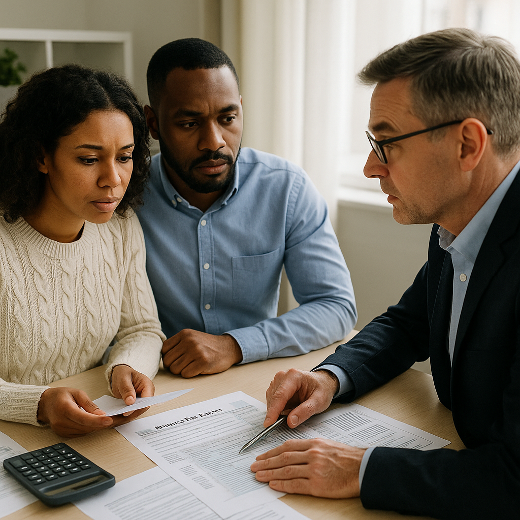 A realistic scene of a couple meeting with a tax professional at a desk, reviewing tax documents and financial records during a bookkeeping and tax preparation consultation.