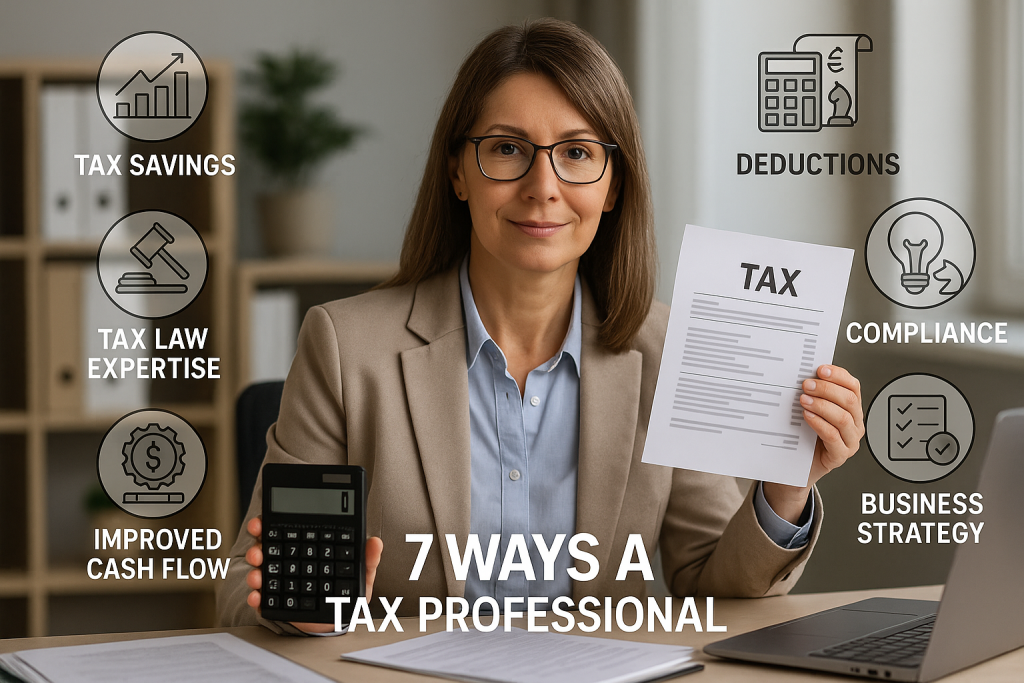 A tax professional sitting at a clean office desk reviewing financial documents and using a calculator, representing expert bookkeeping and tax preparation services for small businesses