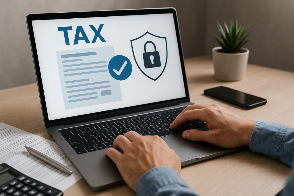 A person working on a laptop reviewing secure digital tax documents, surrounded by bookkeeping paperwork, calculator, and office tools