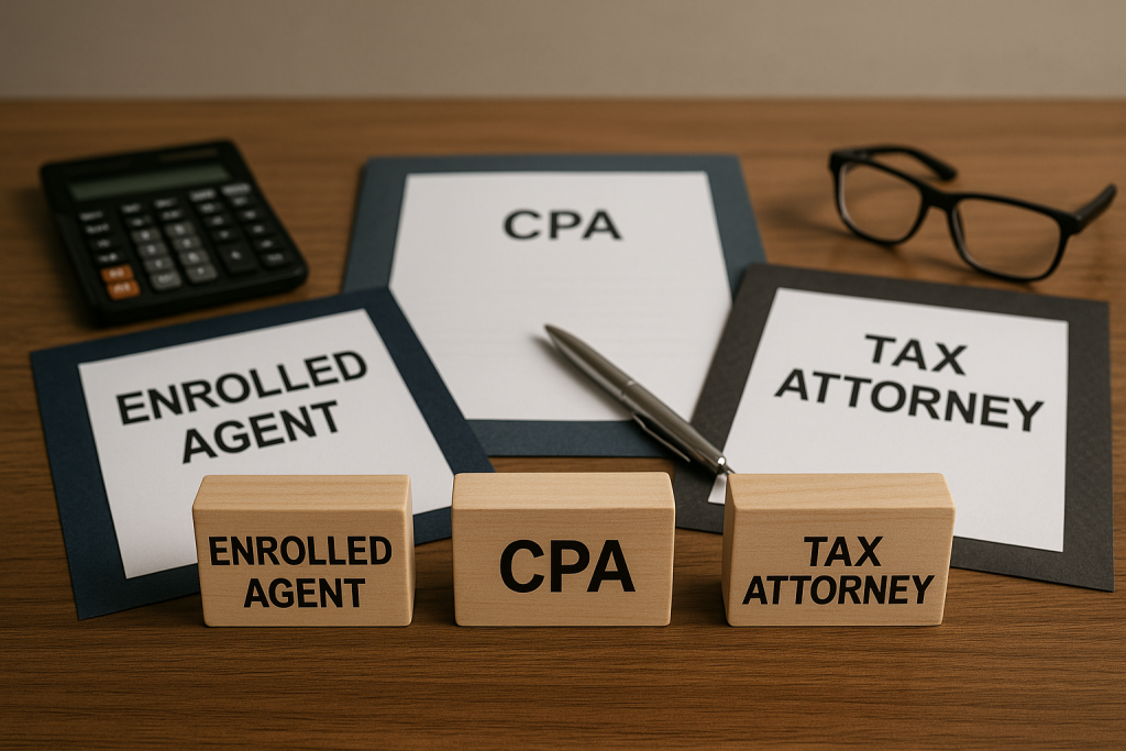 A realistic desk setup showing professional folders and comparison materials used to choose between an Enrolled Agent, CPA, or Tax Attorney, symbolizing expert tax guidance and bookkeeping support.