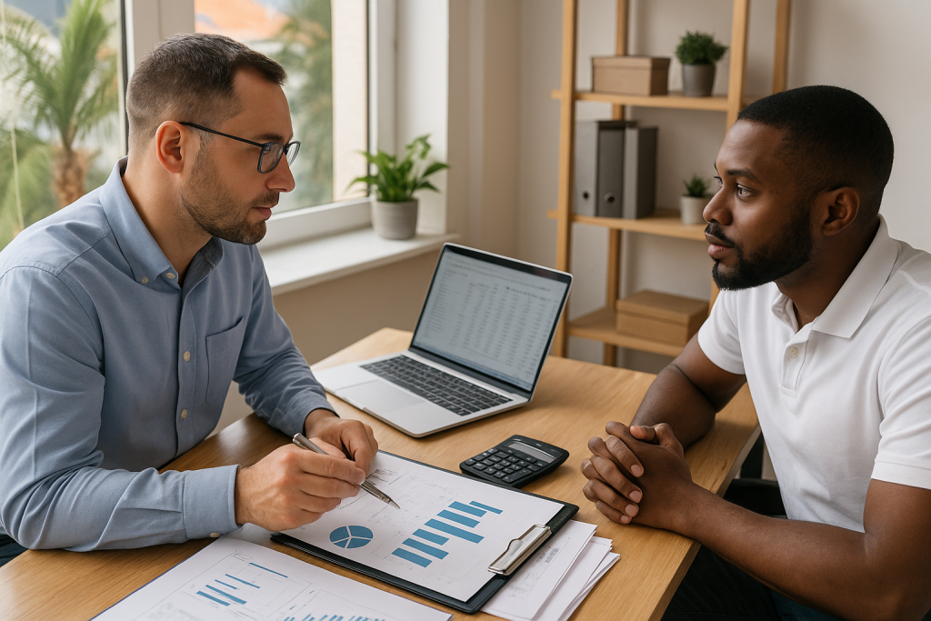 Accountant reviewing financial statements with a client during a bookkeeping consultation in a modern office.