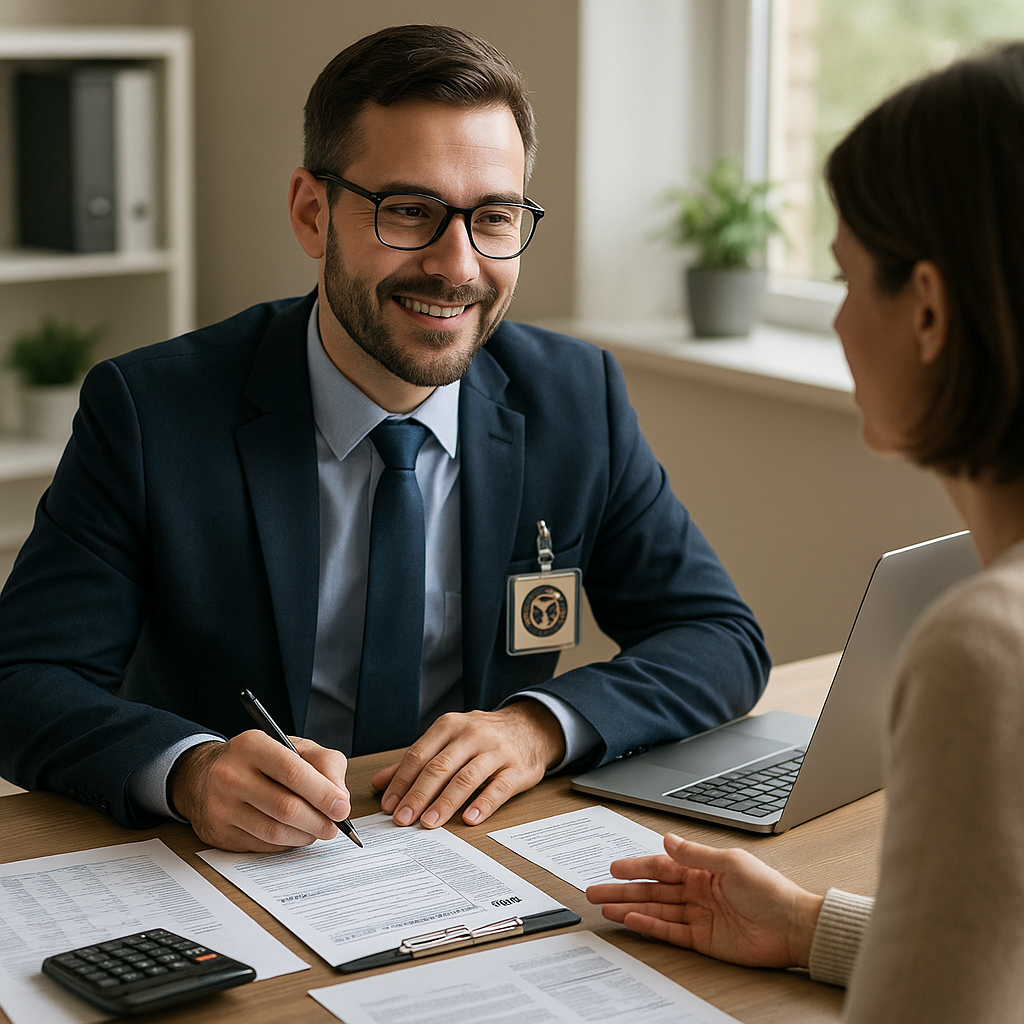A professional tax and bookkeeping consultant reviewing documents with a client at a clean office desk, surrounded by financial papers, calculator, and laptop during a detailed tax preparation meeting.