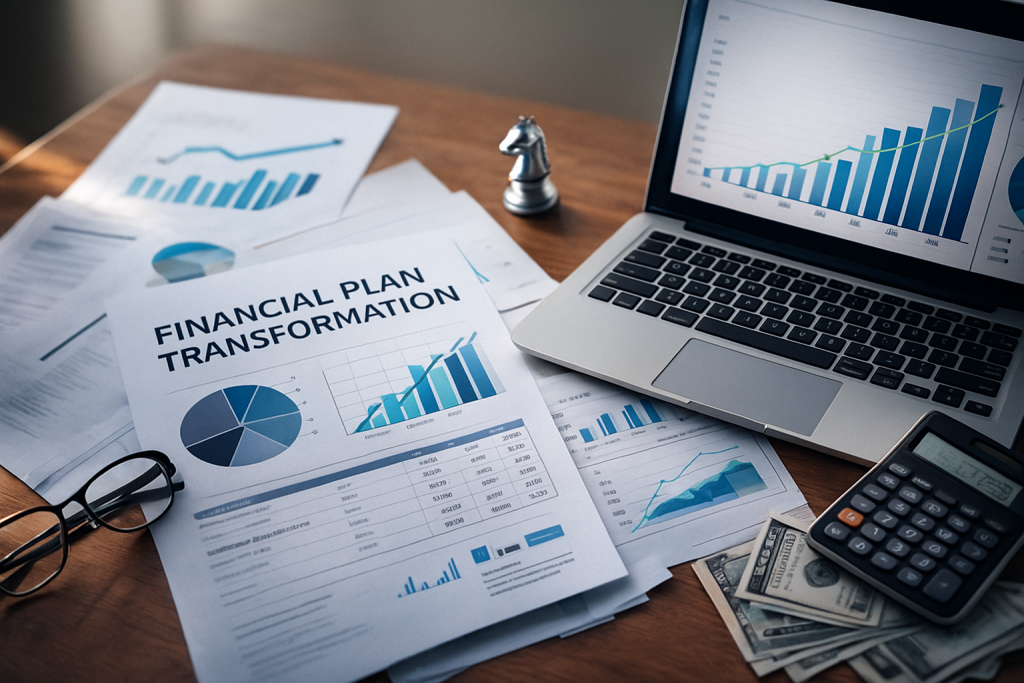 Modern office desk with charts and money, illustrating detailed bookkeeping and tax strategy work.