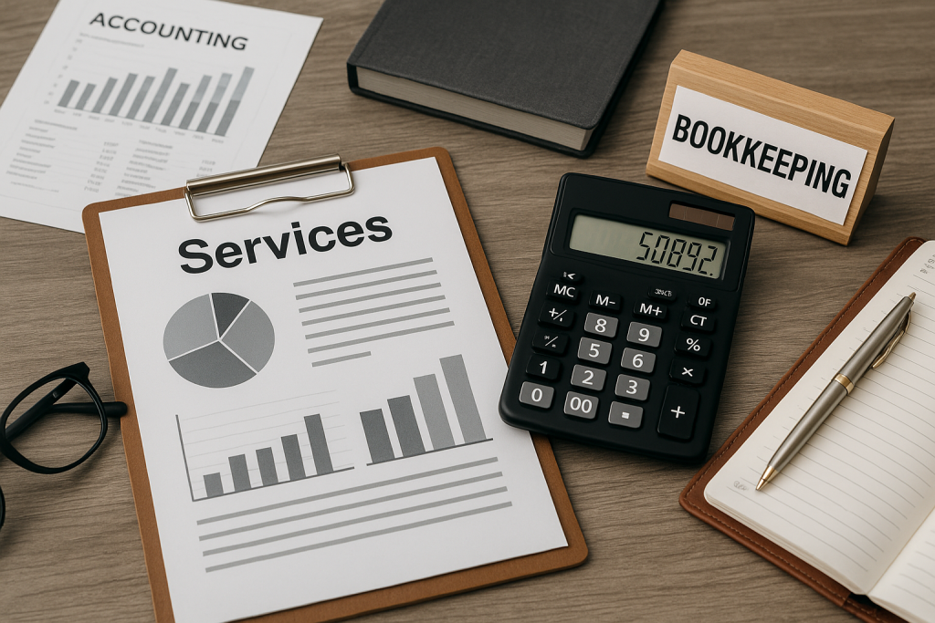 Realistic accounting desk setup with bookkeeping documents, calculator, and charts