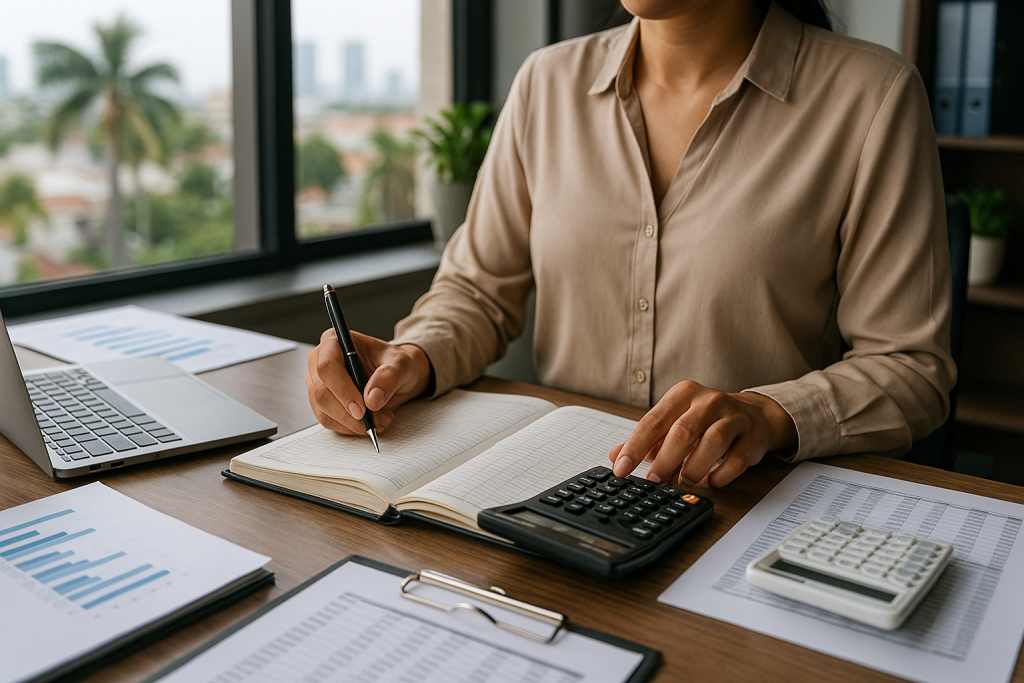 Professional bookkeeper using a calculator and ledger to organize monthly expenses, income, and tax documents