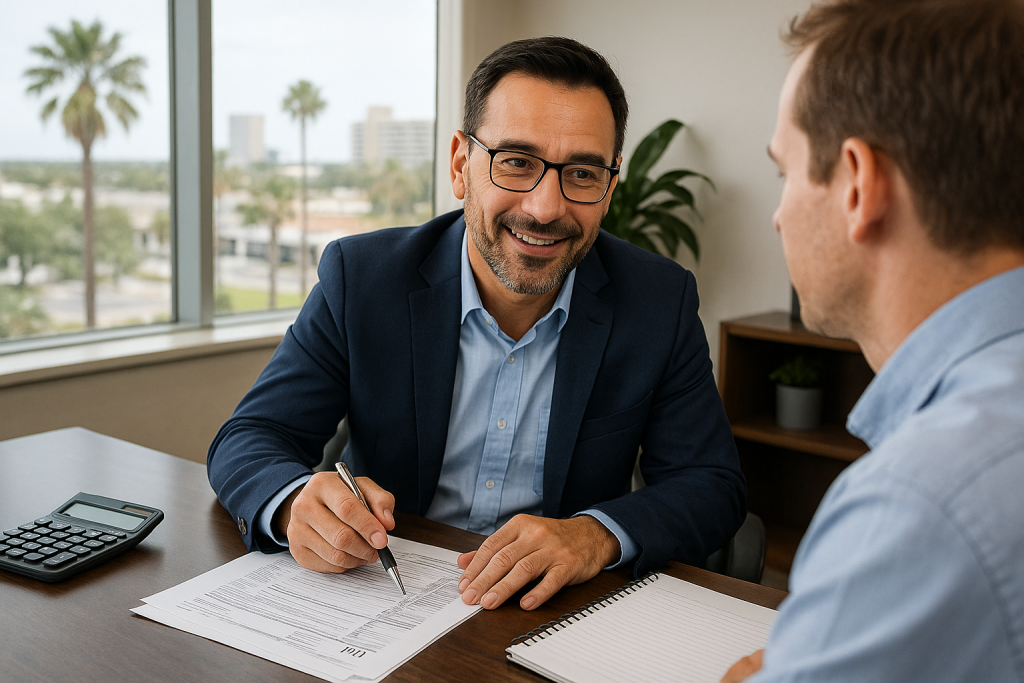 Tampa tax accountant reviewing bookkeeping and tax documents with a client during a meeting.