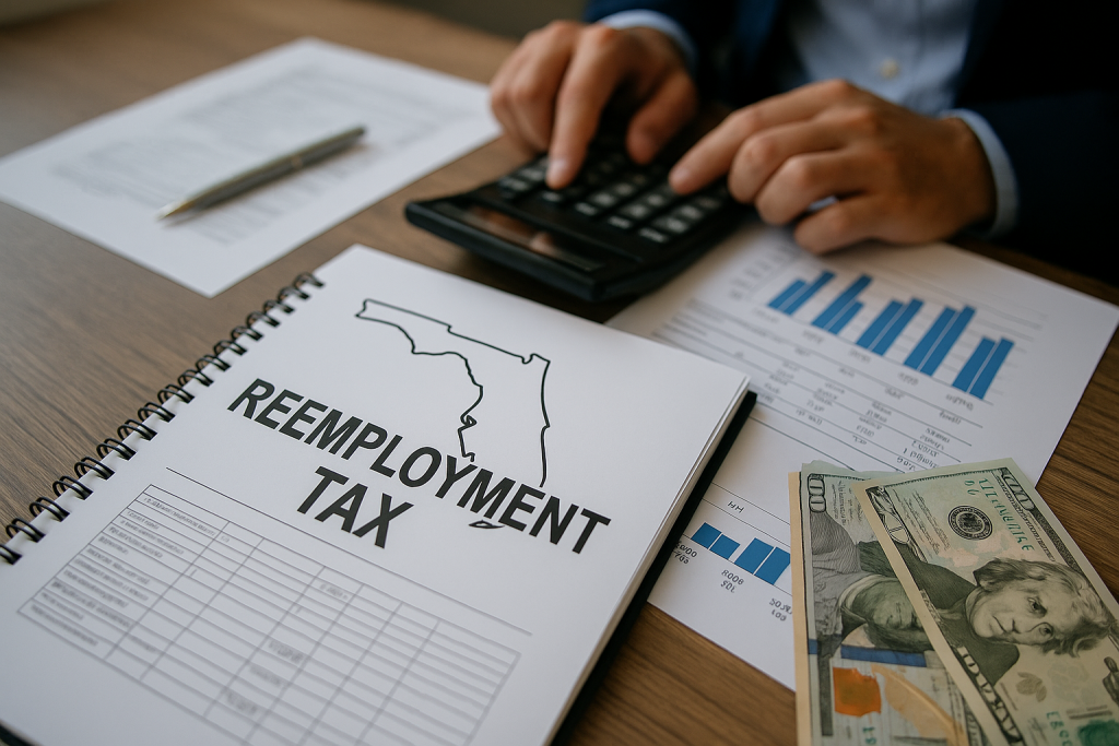 A professional desk setup with a Florida-shaped tax document, financial charts, cash, and a person using a calculator, representing bookkeeping and reemployment tax calculations in Tampa, Florida