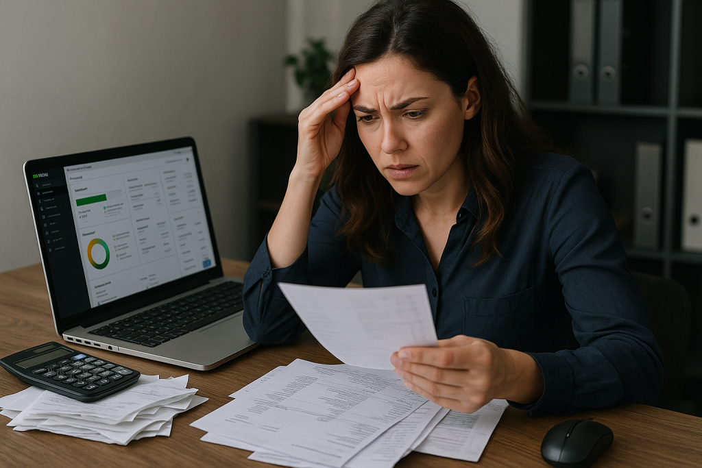 Woman reviewing financial documents with QuickBooks open on her laptop, appearing stressed while managing bookkeeping tasks
