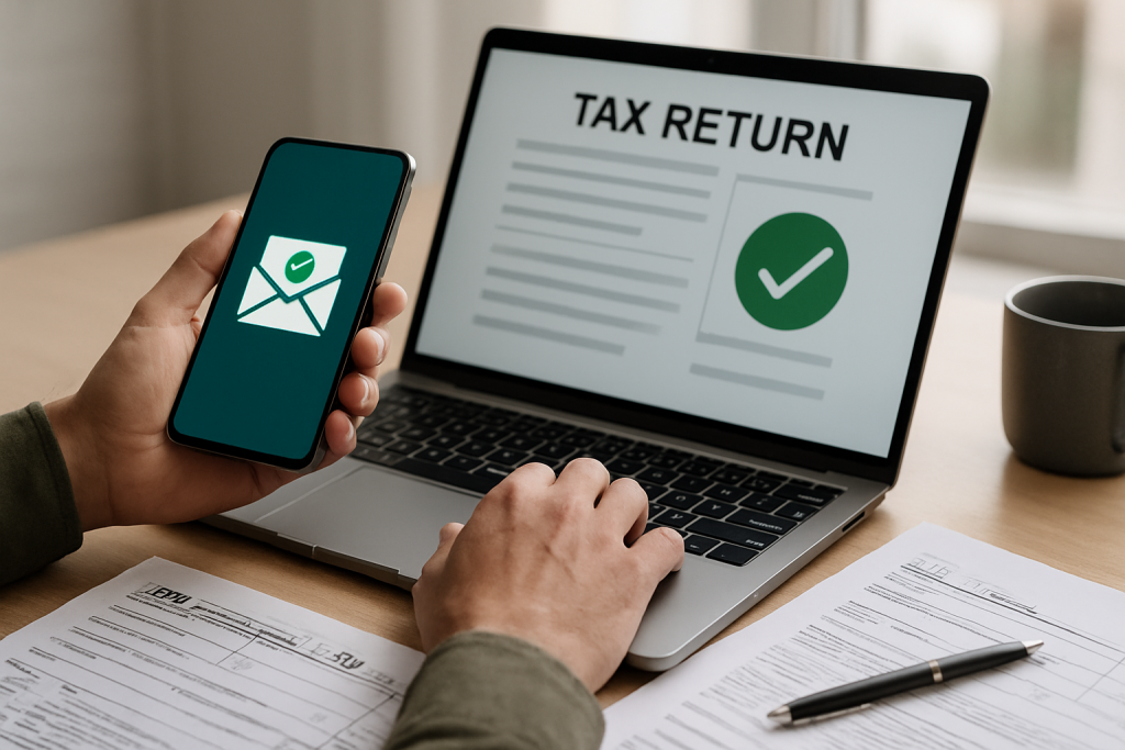 A person reviewing digital tax documents on a laptop while organizing paperwork on a desk, representing secure and efficient bookkeeping and tax processing.