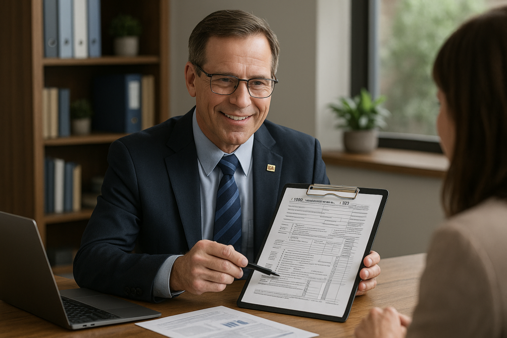 A professional enrolled agent reviewing tax documents with a client, explaining important bookkeeping and tax planning details in a modern office setting.