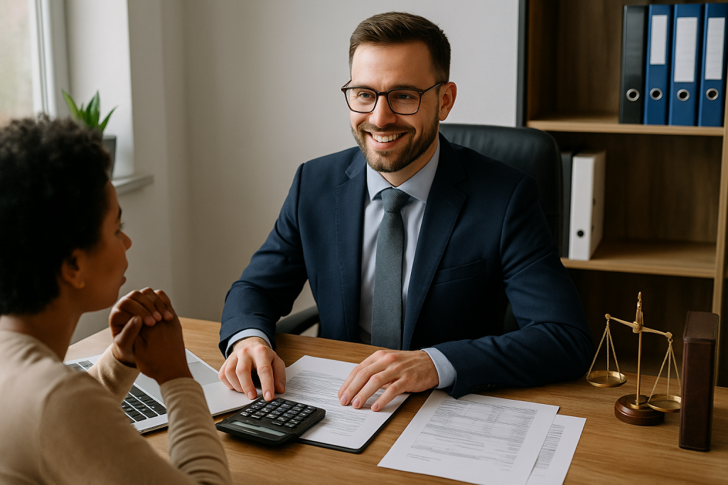 CPA meeting with a client to review bookkeeping statements and finalize tax documents.