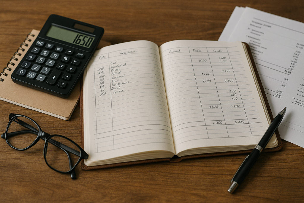 Realistic bookkeeping workspace with an open ledger, calculator, and financial documents used for small business tax and accounting tasks