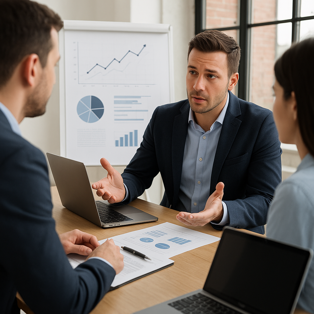 A business advisor meeting with small business owners, reviewing financial reports and charts related to bookkeeping and tax planning during a strategy session.