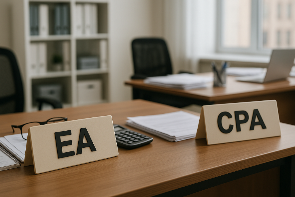 Two professional desks in an office setting representing the difference between financial roles, symbolizing bookkeeping and tax expertise.