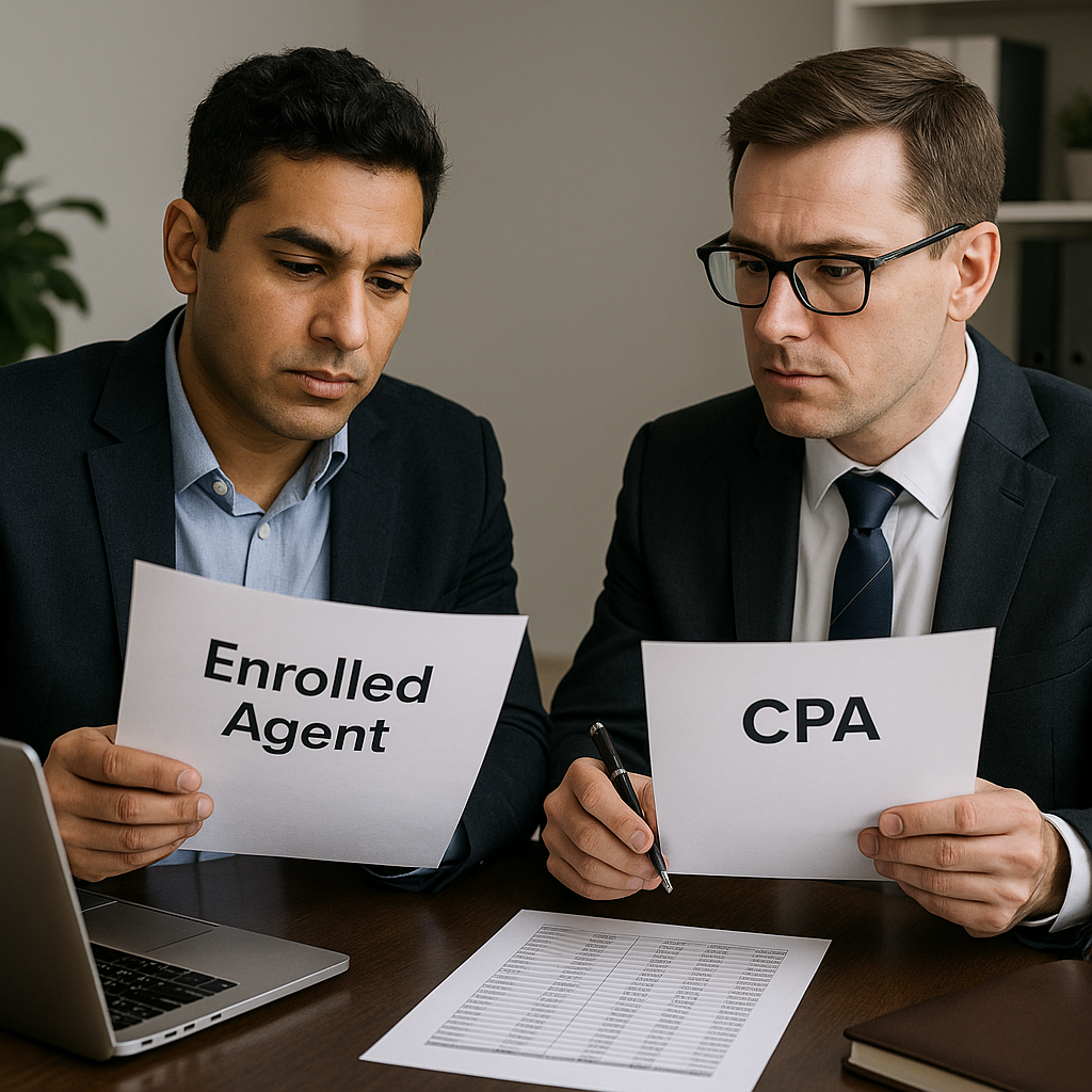 Two tax professionals analyzing financial papers during a meeting, illustrating the difference in tax knowledge between an Enrolled Agent and a CPA.