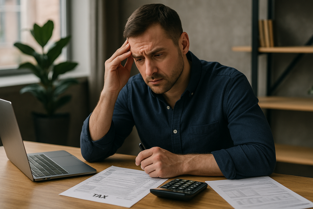 Stressed man reviewing tax documents at his desk with a calculator and laptop, representing bookkeeping and tax preparation challenges.