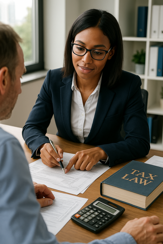 A professional accountant reviewing tax documents with a client, using bookkeeping records and financial forms to ensure accurate tax compliance.