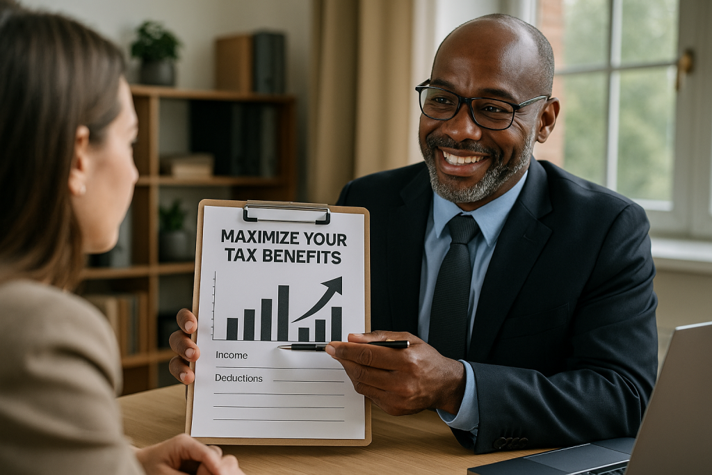 A professional CPA in wesley chapel  meeting with a client in an office, reviewing tax documents and discussing bookkeeping strategies to maximize tax benefits.