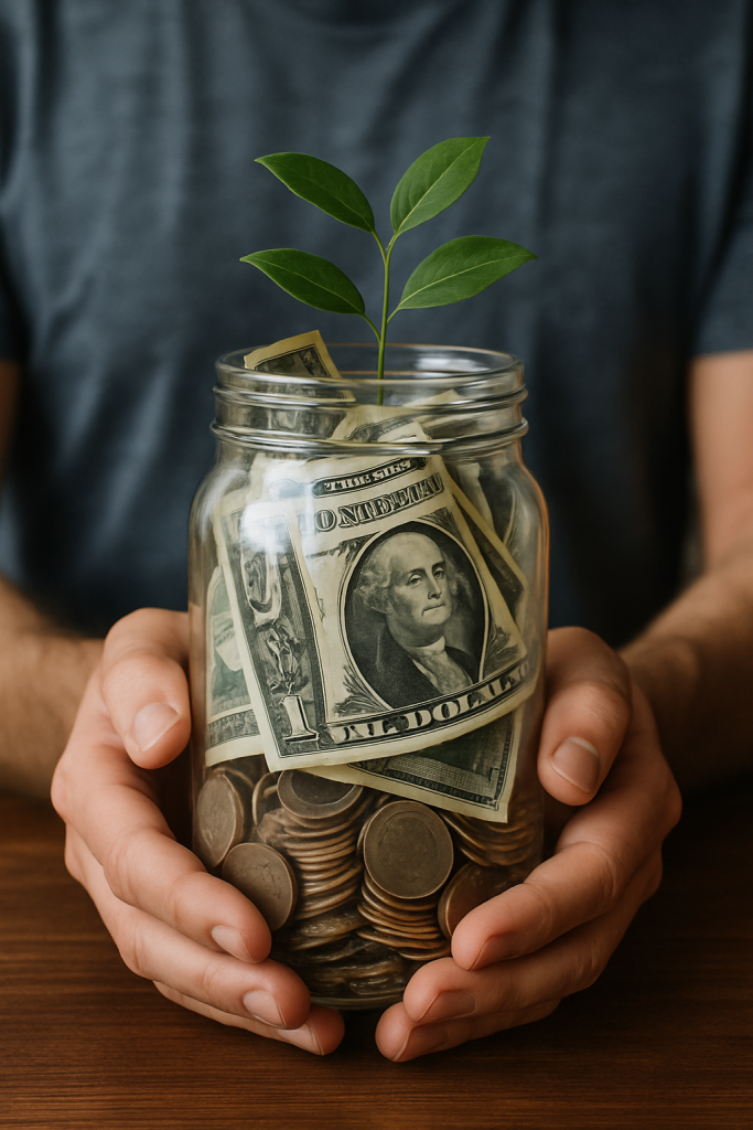 A person holding a jar filled with money and a growing plant, symbolizing strong bookkeeping practices and financial health for effective tax planning.