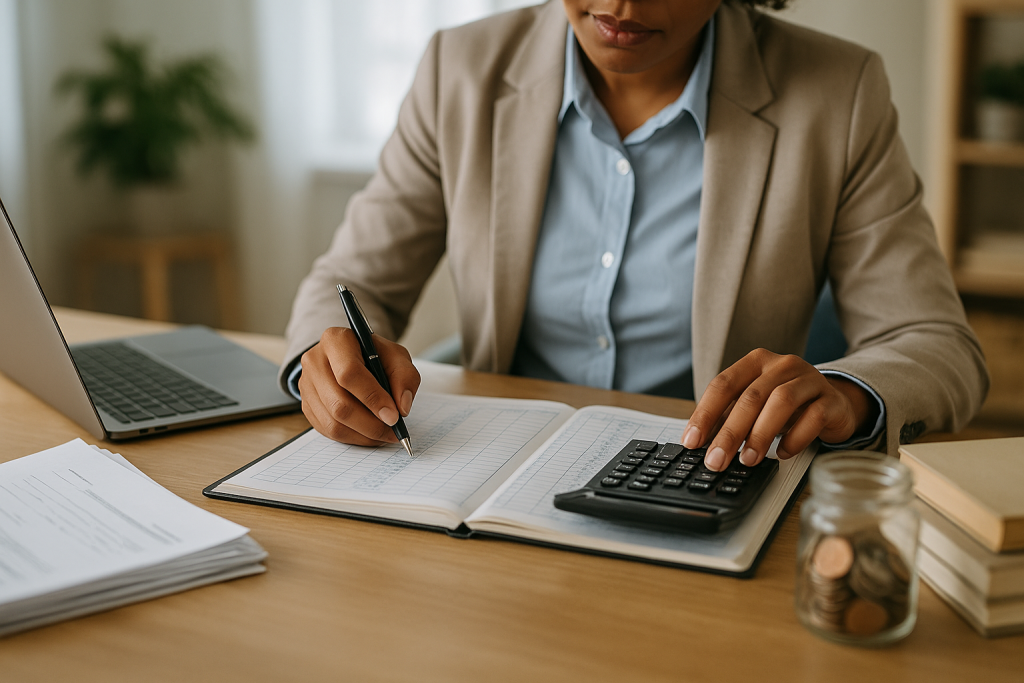 Professional bookkeeper reviewing financial records and using a calculator while preparing accurate tax and bookkeeping reports.