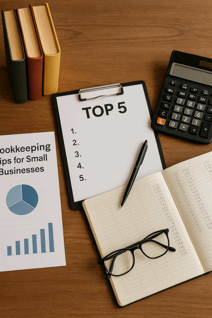 Realistic photo of a clean desk with bookkeeping tools, including a calculator, ledger notebook, financial documents, and office supplies used for small-business accounting and tax organization.