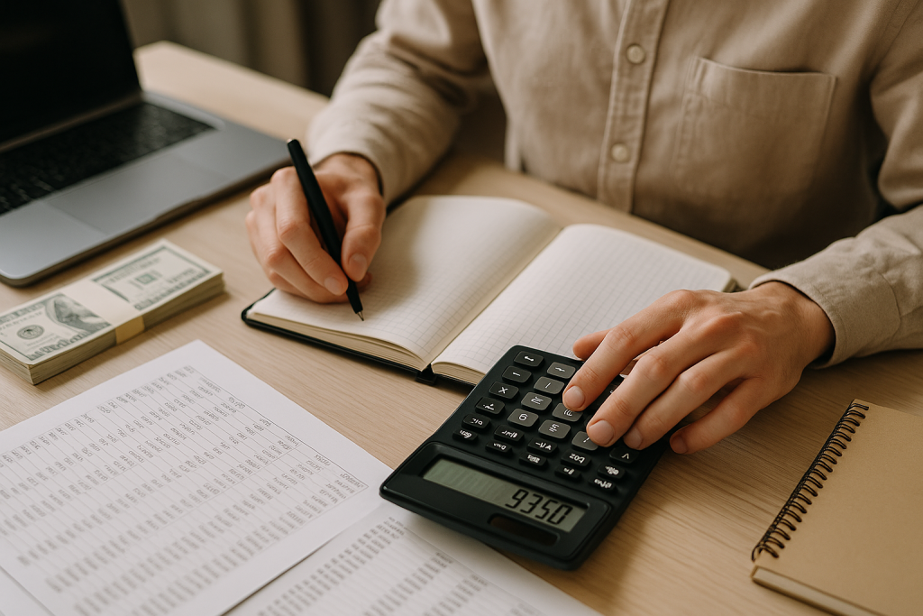 A person reviewing financial spreadsheets while using a calculator and writing in a ledger, representing organized bookkeeping and accurate tax preparation.