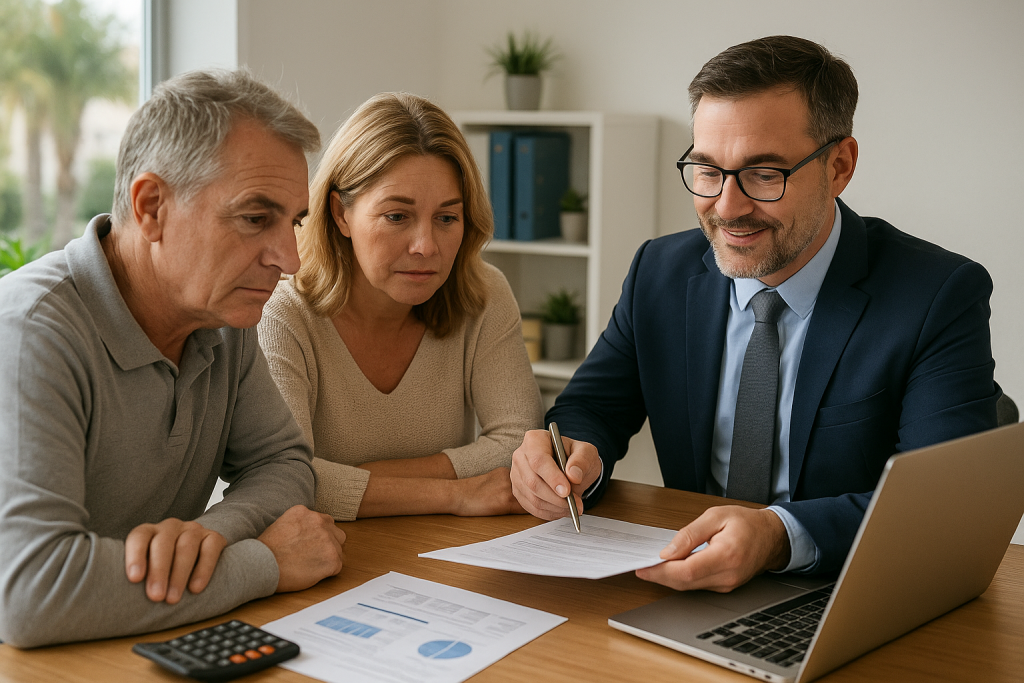 Couple meeting with a tax professional reviewing financial documents and bookkeeping reports