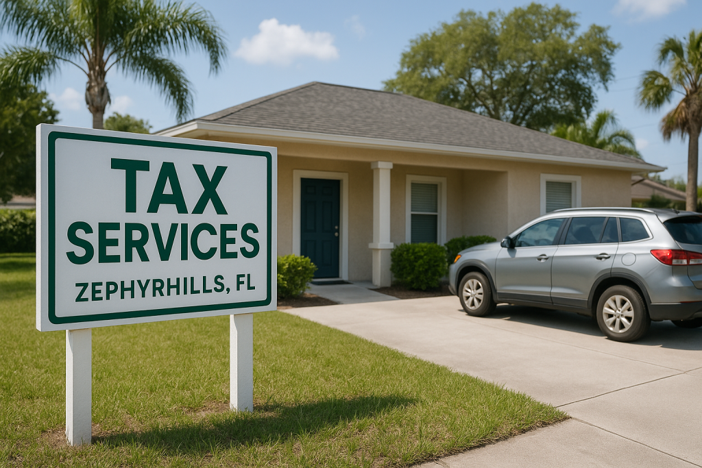 A realistic outdoor scene of a small professional office in Zephyrhills, Florida, with a parked vehicle and well-kept landscaping, representing local tax preparation and bookkeeping services.