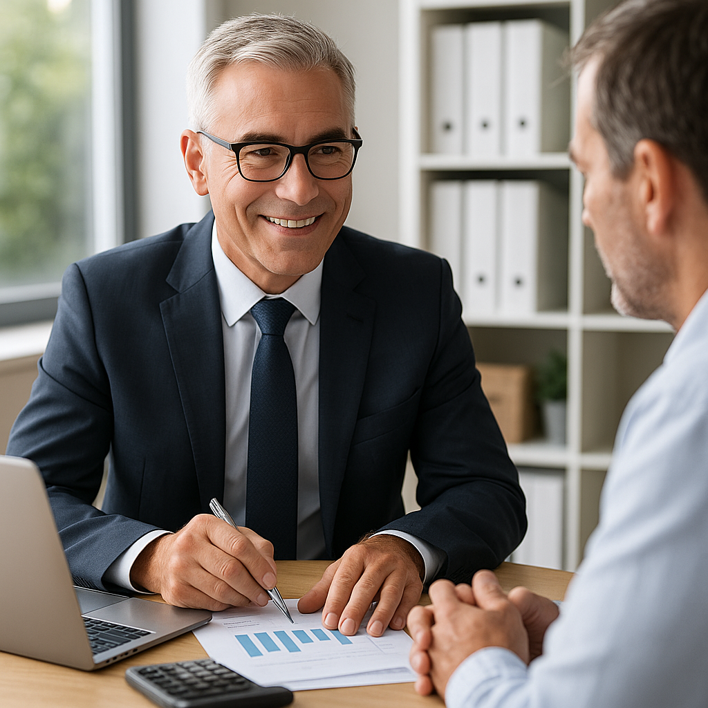 A professional tax accountant reviewing financial statements and bookkeeping reports with a client, providing expert guidance to help maximize tax savings and returns