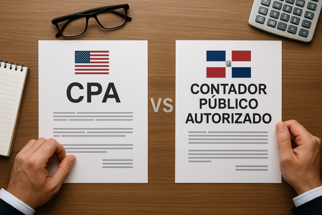 A realistic comparison setup showing U.S. and Dominican Republic accounting documents on a desk, symbolizing the differences between CPA credentials for cross-border bookkeeping and tax compliance