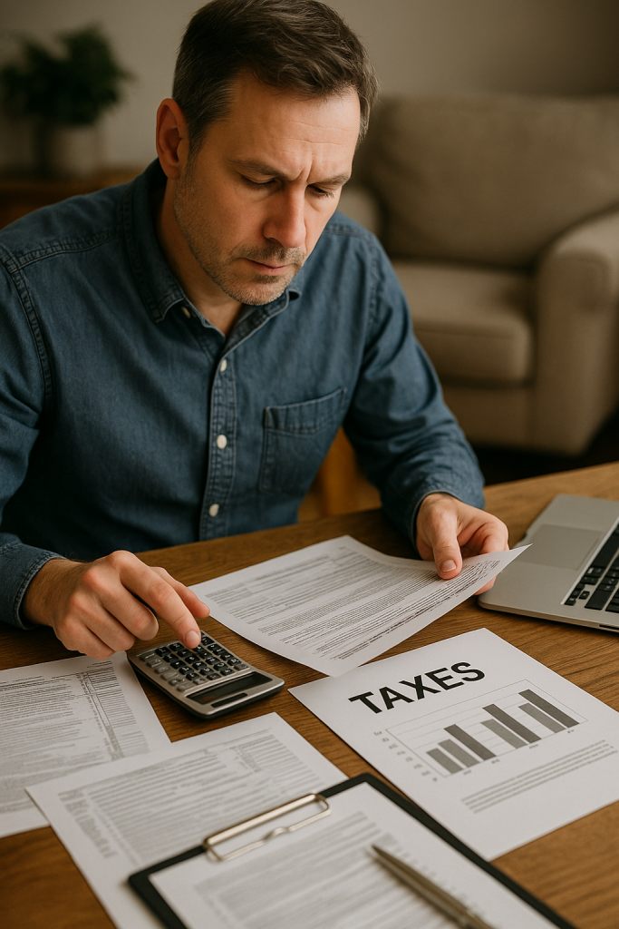 A focused professional reviewing tax documents and financial statements at a desk, using a calculator to organize bookkeeping records and prepare accurate tax filings.