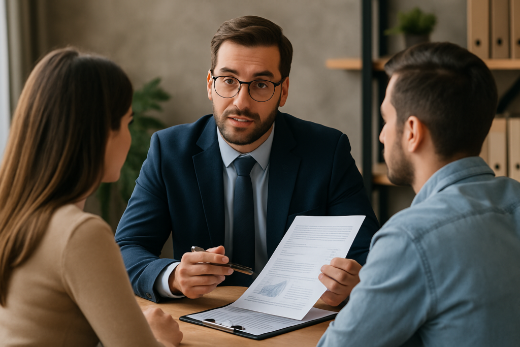 Tax professional reviewing financial documents with clients during a bookkeeping and tax preparation consultation.