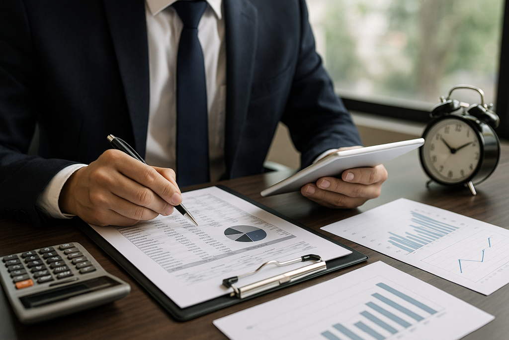 Business professional reviewing financial statements with a tablet, analyzing bookkeeping and tax compliance reports on a clean office desk