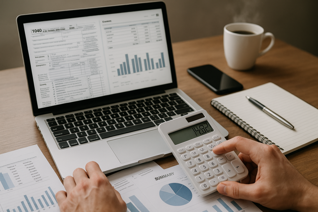 Clean desk setup showing digital tax forms and bookkeeping reports for organized financial management.