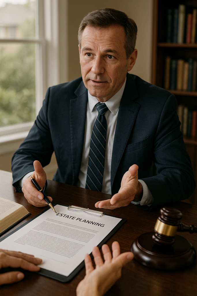 A financial consultant meeting with a client in a professional office, reviewing documents related to bookkeeping, tax planning, and estate management.