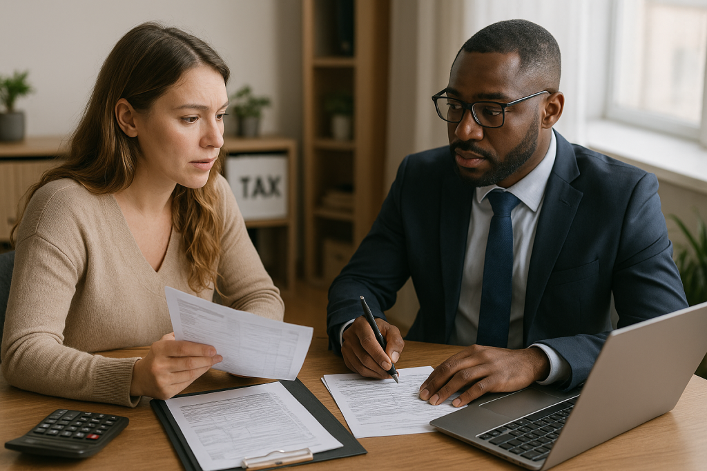 Professional tax and bookkeeping consultation with an accountant reviewing financial documents with a client in a modern office