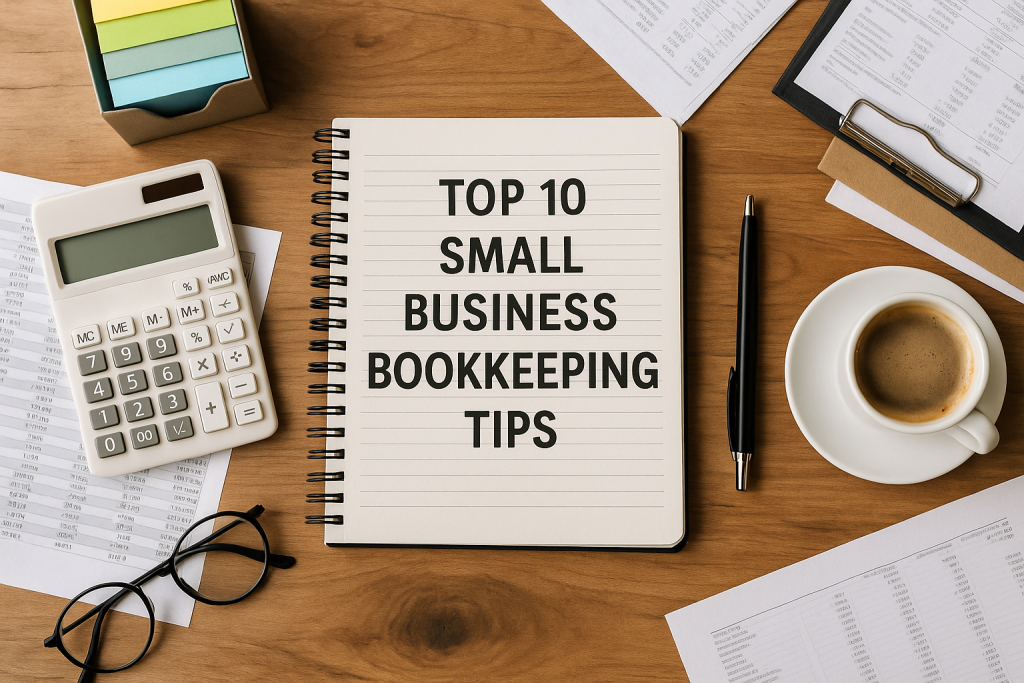 Realistic overhead view of bookkeeping tools including a calculator, financial statements, glasses, and a clean desk setup used for small business tax and bookkeeping organization