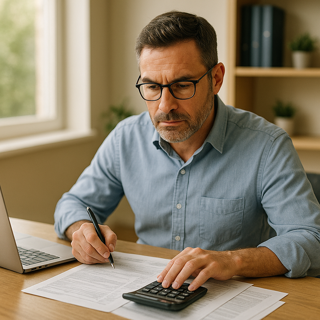 A focused professional reviewing tax documents and performing bookkeeping calculations at a desk with a calculator, laptop, and organized financial paperwork.