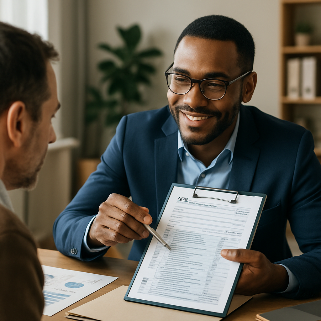 A professional Enrolled Agent reviewing tax documents with a client at a clean, organized desk, offering guidance on bookkeeping and tax planning