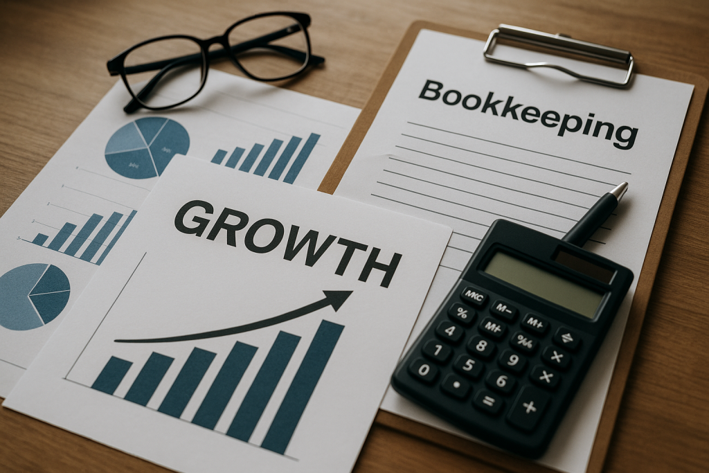 A realistic photo of financial documents on a desk, including charts, graphs, a calculator, and paperwork, representing bookkeeping processes and tax preparation activities