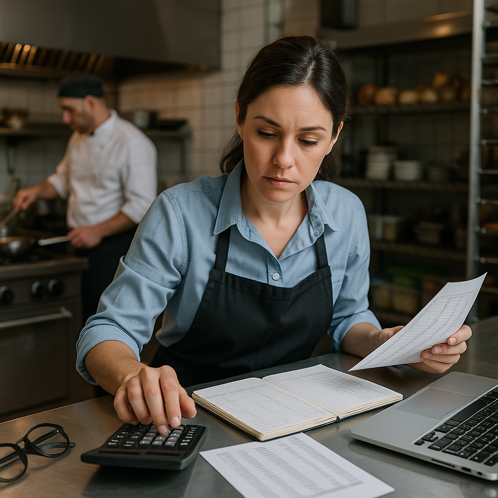 A restaurant bookkeeper reviewing financial records with a calculator and laptop in a commercial kitchen, managing bookkeeping and tax documents while chefs work in the background.