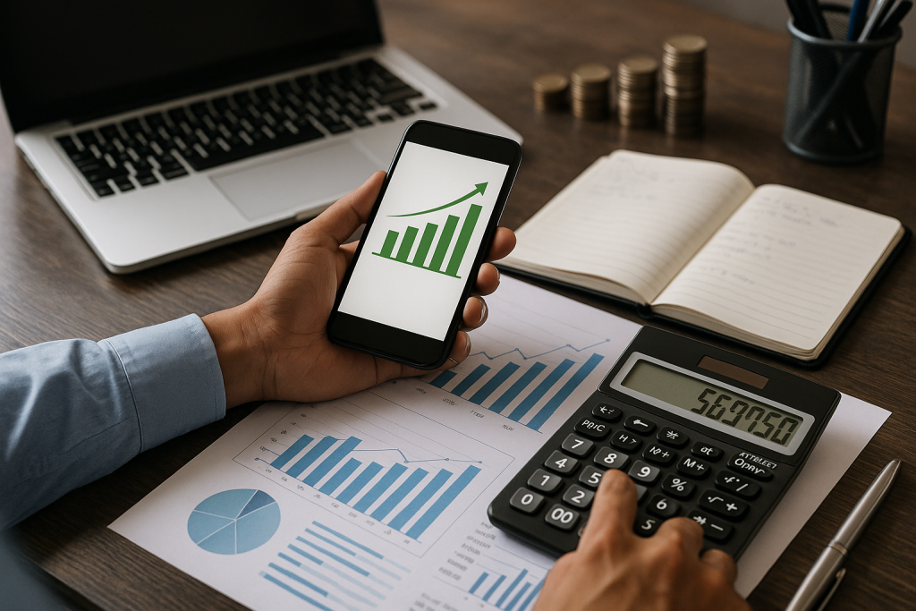 A professional reviewing financial charts with a calculator and smartphone, representing accurate bookkeeping and tax planning for improved cash flow.