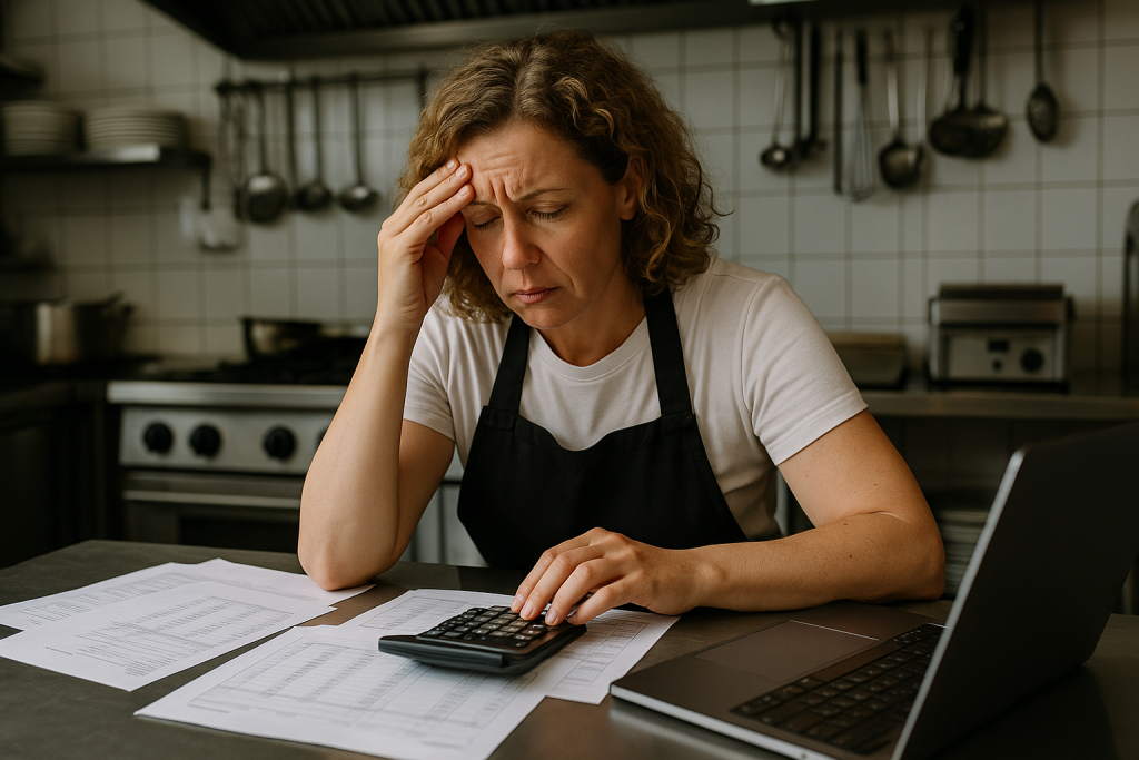 Restaurant owner reviewing bookkeeping documents and expenses in a commercial kitchen