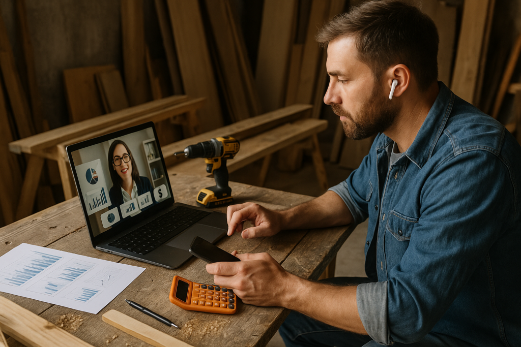 Carpenter meeting virtually with a tax professional while analyzing charts and reports on his workbench