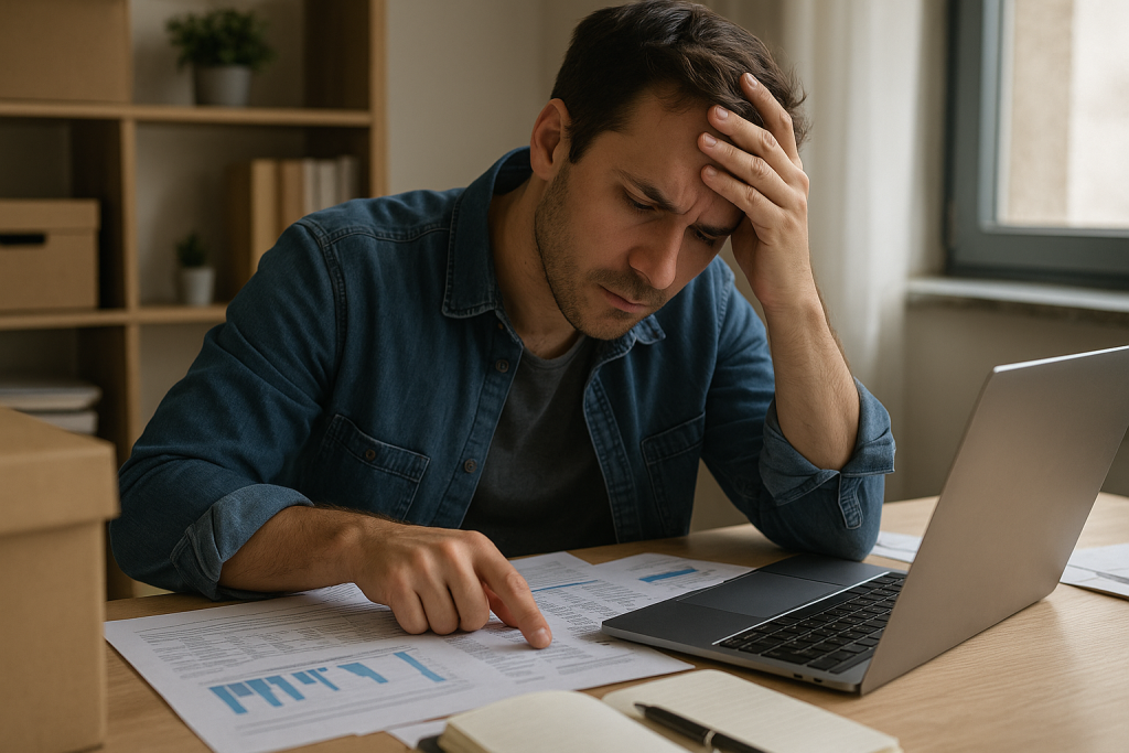 A stressed small business owner reviewing bookkeeping spreadsheets at his desk, analyzing financial statements and tax records on a laptop