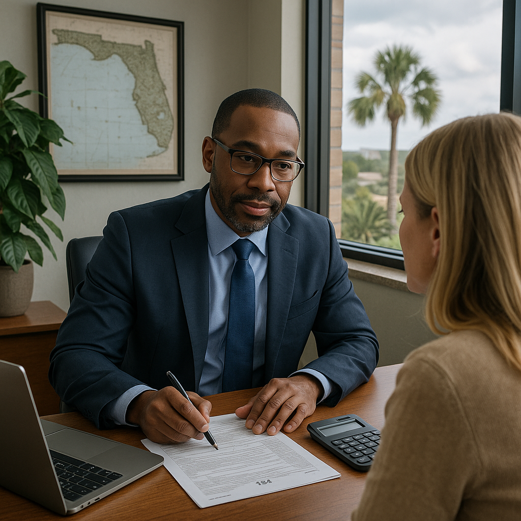 Tax strategist reviewing financial documents with a client in a Central Florida office, discussing tax planning and bookkeeping needs