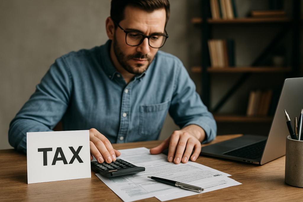 A man using a calculator while analyzing paperwork and forms, illustrating detailed bookkeeping tasks and tax filing work