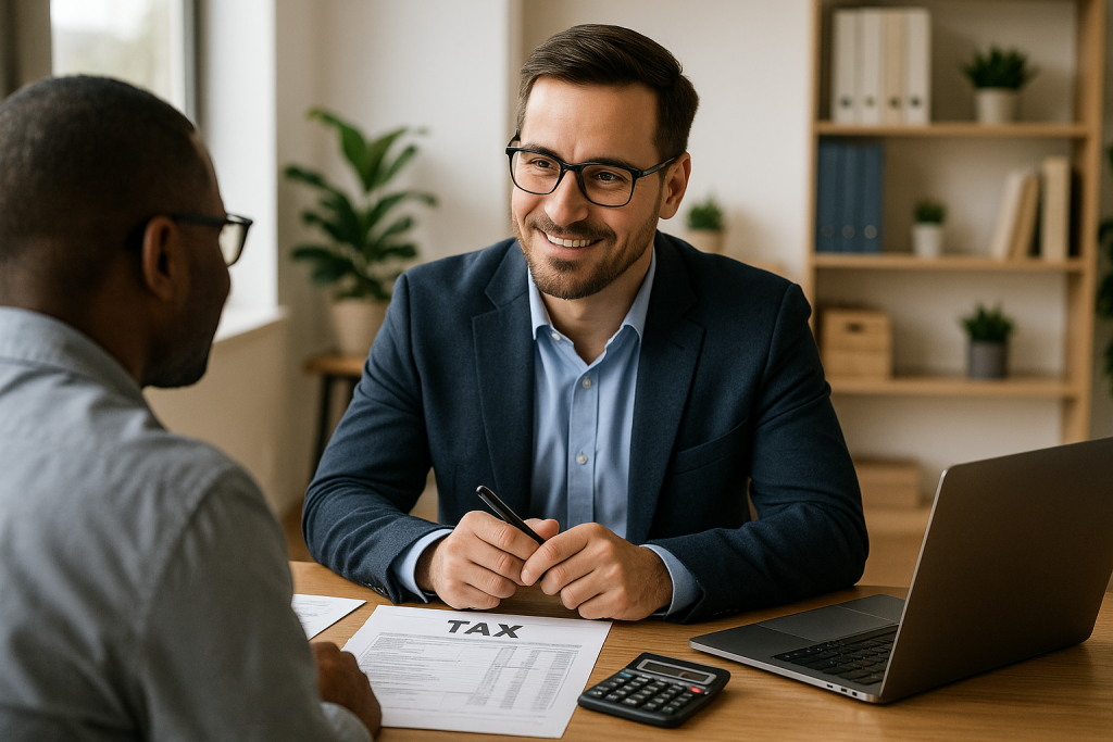 A professional tax accountant meeting with a client in an office, reviewing bookkeeping records and tax documents together at a clean desk.